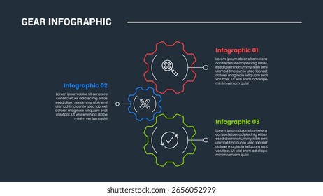 Diagrama de proceso de infografía de forma de engranaje con mecanismo de movimiento de tamaño grande y Pequeño con estilo de contorno brillante de fondo oscuro y Vector de 3 etapas