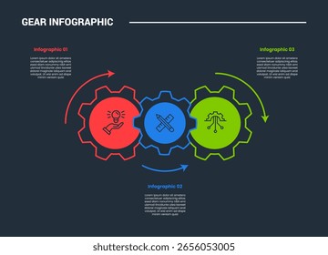 Diagrama de proceso de infografía de forma de engranaje con engranaje en dirección Horizontal con puntero de flecha hacia arriba y hacia abajo con estilo de contorno brillante de fondo oscuro y Vector de 3 etapas