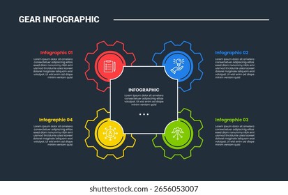 Zahnradform Infografik-Prozessdiagramm mit quadratischem Kasten mit Zahnrad auf Kante mit dunklem Hintergrund hellen Umriss Stil und 4 Stufen Vektor