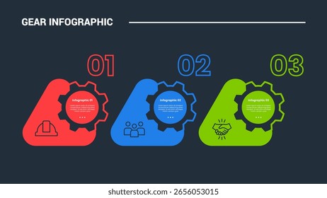 Diagrama de processo infográfico de forma de engrenagem com triângulo redondo com emblema de engrenagem com fundo escuro brilhante estilo contorno e 3 estágios vetor