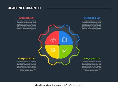Diagrama de proceso de infografía de forma de engranaje con engranaje grande con base de gráfico circular y estructura de cuadrante con fondo oscuro estilo de contorno brillante y Vector de 4 etapas