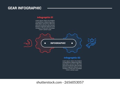 Gear shape infographic process diagram with side by side with round shape connector with dark background bright outline style and 2 stages vector