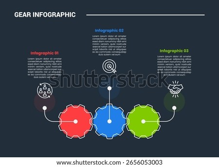 Gear shape infographic process diagram with horizontal on circle base with pointer on top direction with dark background bright outline style and 3 stages vector