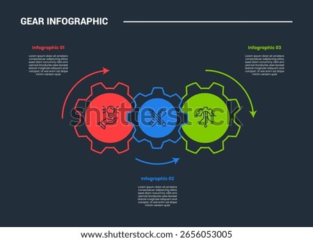 Gear shape infographic process diagram with gear on horizontal direction with arrow pointer up and down wave with dark background bright outline style and 3 stages vector