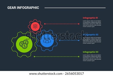 Gear shape infographic process diagram with big and small gear circular movement mechanism with dark background bright outline style and 3 stages vector