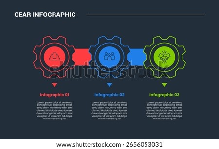 Gear shape infographic process diagram with big gear with rectangle connector with small arrow pointer with dark background bright outline style and 3 stages vector