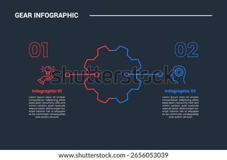 Gear shape infographic process diagram with balance opposite comparison left and right with dark background bright outline style and 2 stages vector