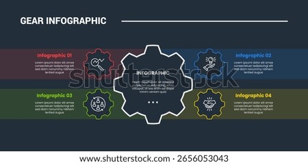 Gear shape infographic process diagram with big gear center with rectangle box container quadrant with dark background bright outline style and 4 stages vector