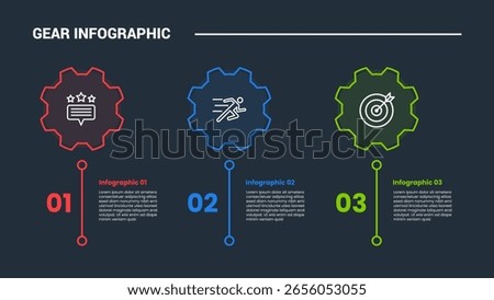 Gear shape infographic process diagram with vertical gear with standing line divider with dark background bright outline style and 3 stages vector