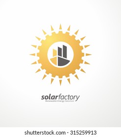 Gear shape as part of the sun symbol with factory building in the middle. Creative icon design for solar energy business. Renewable energy solution simple unique logo concept.