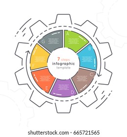 Gear shaped flat style infographic template with 7 steps. Thin line business concept. Expanded stroke.