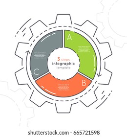 Gear shaped flat style infographic template with 3 steps. Thin line business concept. Expanded stroke.