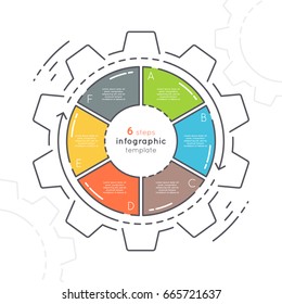 Gear shaped flat style infographic template with 6 steps. Thin line business concept. Expanded stroke.