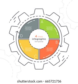 Gear shaped flat style infographic template with 4 steps. Thin line business concept. Expanded stroke.