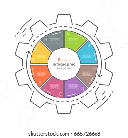 Gear shaped flat style infographic template with 8 steps. Thin line business concept. Expanded stroke.