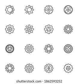 Gear shapes line icons set, outline vector symbol collection, linear style pictogram pack. Signs, logo illustration. Set includes icons as bicycle gear, clock mechanism, cogwheel, cog