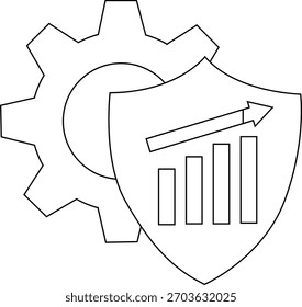 A gear with a shield displaying a rising graph arrow icon