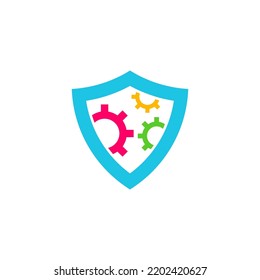 Vector del logotipo del Escudo de los engranajes. Plantilla de concepto de diseño del logotipo del Escudo. Símbolo de icono simple creativo