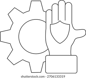 Uma engrenagem com um escudo numa mão que represente, eventualmente, proteção industrial ou tecnológica