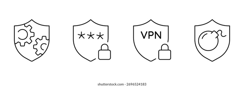 Gear shield setting, password lock security, VPN protection, bomb threat shield icon set, system safety vector illustration, minimal digital secure.
