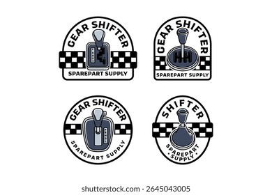 mudança de engrenagens logotipo colorido emblema ilustração em estilo negrito. conjunto de emblema de peças de reposição automotivas. embreagem botão carro etiqueta de peça para marca de garagem. inclui alavancas de transmissão manuais e automáticas