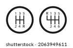 Gear shifter. Icon of car transmission. Manual box of shifter. Symbol of gearbox for stick of auto. Icon of 5 or 6 on lever for speed. Pictogram logo isolated on white background for vehicle. Vector.