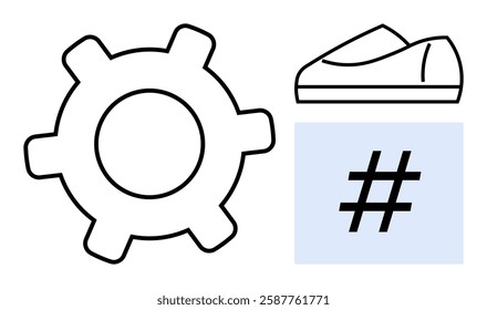 Gear, shoes, and metadata tag symbol representing technology, fashion, and social media. Ideal for business strategy, engineering, digital marketing, fitness, fashion, modern lifestyle, and social