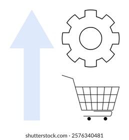 Gear and shopping cart beside upward arrow pointing to growth. Ideal for business development technology e-commerce productivity progress. Simple clean design with minimal details and light colors