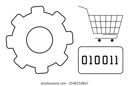 Gear, shopping cart, and binary code elements. Ideal for e-commerce, digital marketing, technology, online shopping, and software development themes. Simple line style