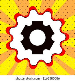Gear sign .Black icon in bubble on a yellow background pop art. Vector.