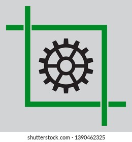 Gear sign. Black icon inside green crop tool at light gray background