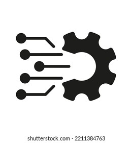 Gear Sign of Business Solution Pictogram. Digital Cog Wheel Symbol Electronic Technology Network Silhouette Icon. Digital Tech Concept Black Icon. Isolated Vector Illustration.
