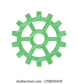 Signo de engranaje. Ícono de garabato verde con contorno sólido sobre fondo blanco.  Ilustración.