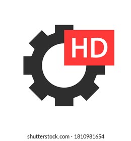 Gear Sign With Hd Video Text. HD Format Vector Icon. Gear Icon With Hd Sign. Vector Illustration.