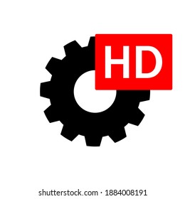 Gear Sign With Hd Video Text. HD Format Icon. Gear Icon With Hd Sign. Vector Illustration Isolated On White Background.