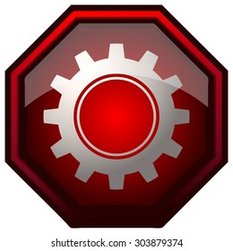 Gear Sign on a Red Octagonal Shape, Vector Illustration. 