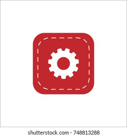 gear sign in red rounded stitched square with white seam.  Settings flat icon. Holiday collection button. Patch pictogram isolated on white background. technology or innovation vector illustration. 