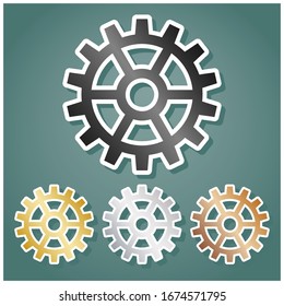 Gear sign. Set of metallic Icons with gray, gold, silver and bronze gradient with white contour and shadow at viridan background. Illustration.