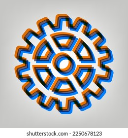 Gear sign. Stroked Icon in orange, azure and old lavender Colors at gray Background. Illustration.