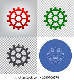 Gear sign. Vector. 4 styles. Red gradient in radial lighted background, green flat and gray scribble icons on transparent and linear one in blue circle.