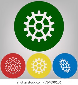 Gear sign. Vector. 4 white styles of icon at 4 colored circles on light gray background.