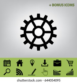 Gear sign. Vector. Black icon at gray background with bonus icons 
