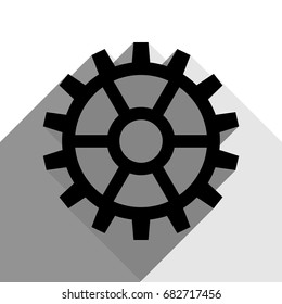 Gear sign. Vector. Black icon with two flat gray shadows on white background.