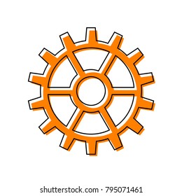 Gear sign. Vector. Black line icon with shifted flat orange filled icon on white background. Isolated.