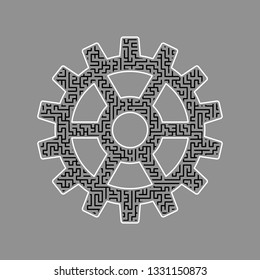 Gear sign. Vector. Black maze filled icon with white border at gray background.