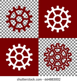 Gear sign. Vector. Bordo and white icons and line icons on chess board with transparent background.