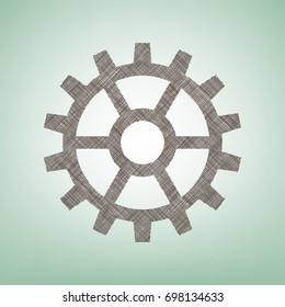 Gear sign. Vector. Brown flax icon on green background with light spot at the center.
