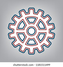 Gear sign. Vector. Dark red, transparent and midnight green stroke of white icon at grayish background.