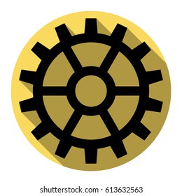 Gear sign. Vector. Flat black icon with flat shadow on royal yellow circle with white background. Isolated.