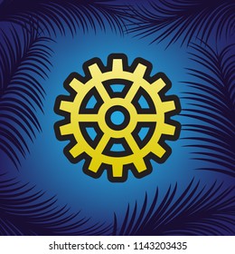 Gear sign. Vector. Golden icon with black contour at blue background with branches of palm trees.